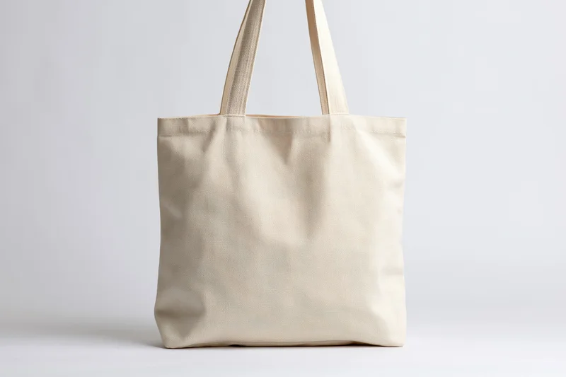 Blank natural canvas tote bag hanging upright front view on white background