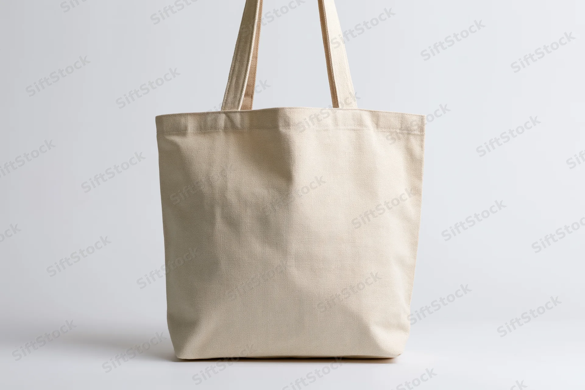 Blank natural canvas tote bag standing upright on white surface