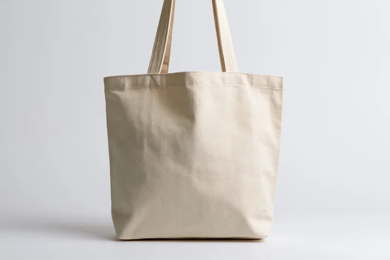 Blank natural canvas tote bag standing upright on white surface