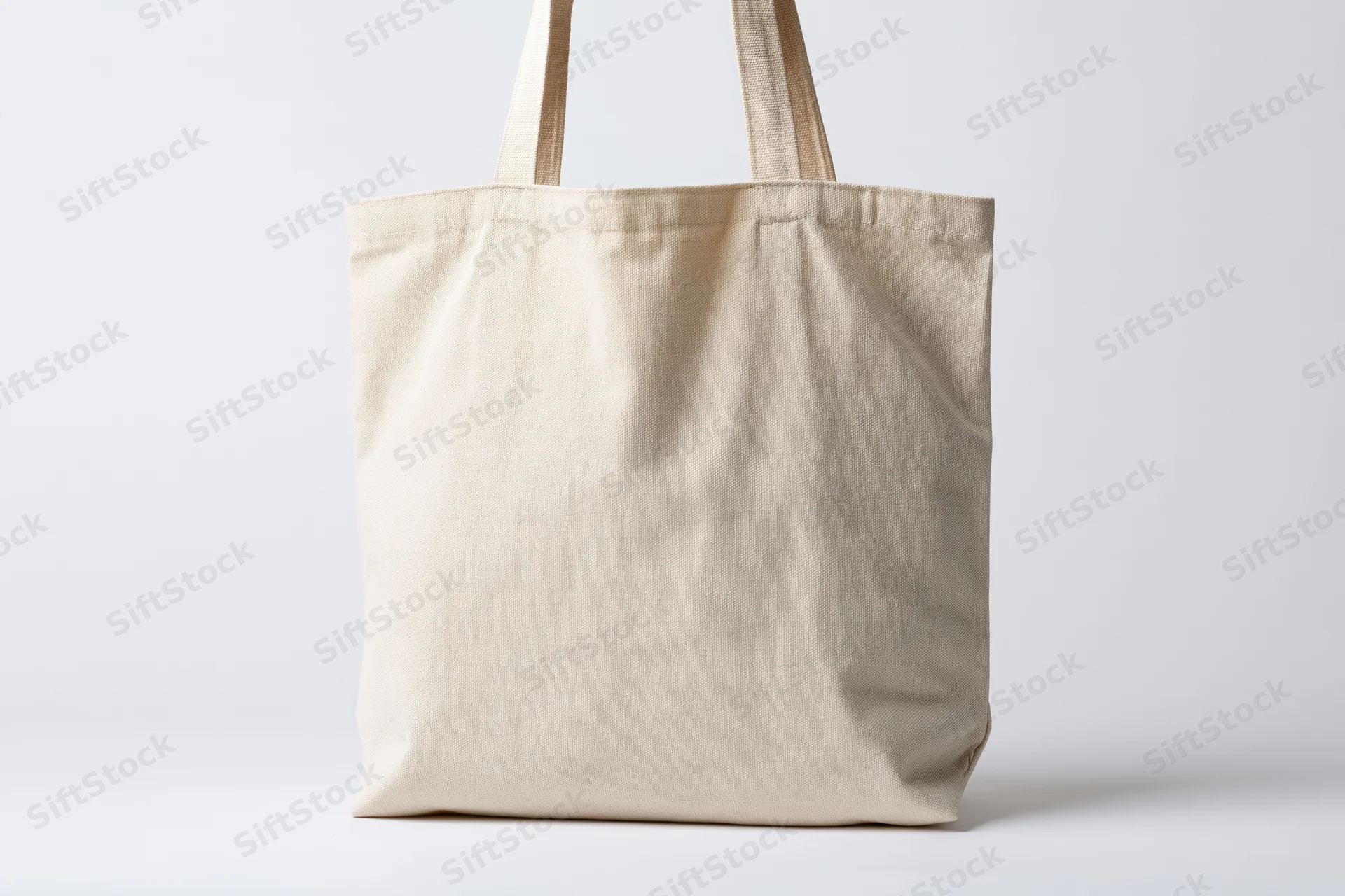 Blank natural canvas tote bag standing upright on white background