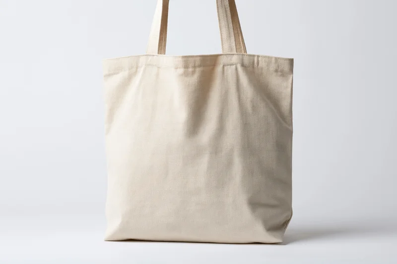 Blank natural canvas tote bag standing upright on white background