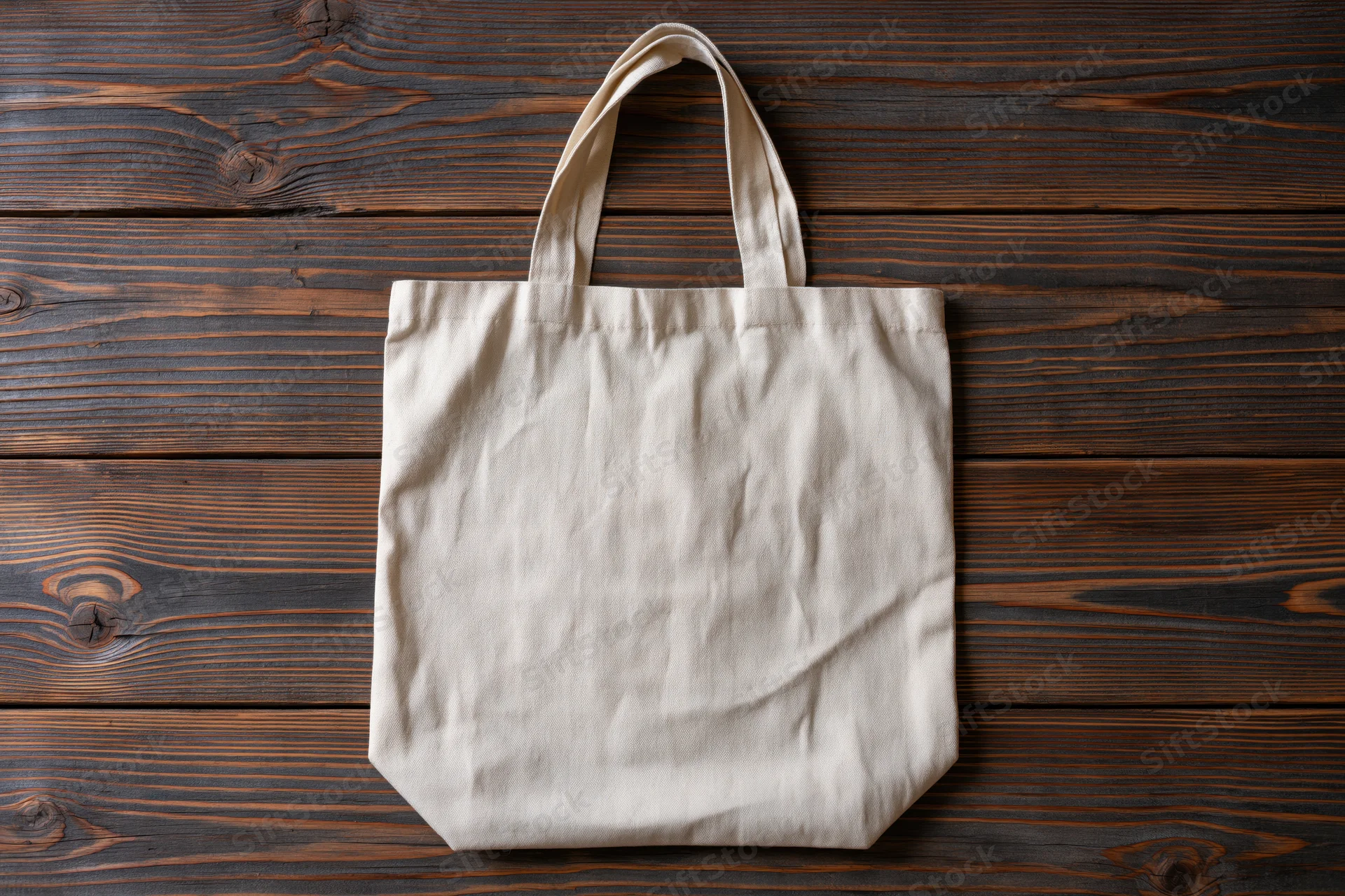Blank natural canvas tote bag lying flat on weathered wooden surface