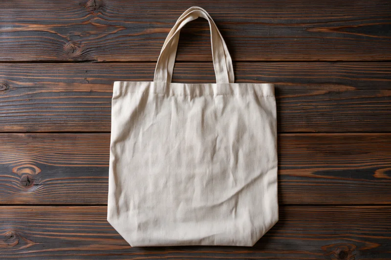 Blank natural canvas tote bag lying flat on weathered wooden surface