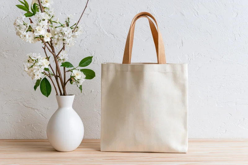 Blank natural canvas tote bag standing upright beside a white vase with cherry blossoms on a wooden table