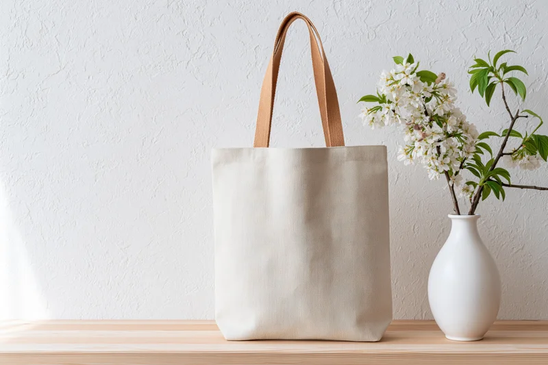 Blank natural canvas tote bag standing upright on wooden shelf beside white vase with cherry blossoms