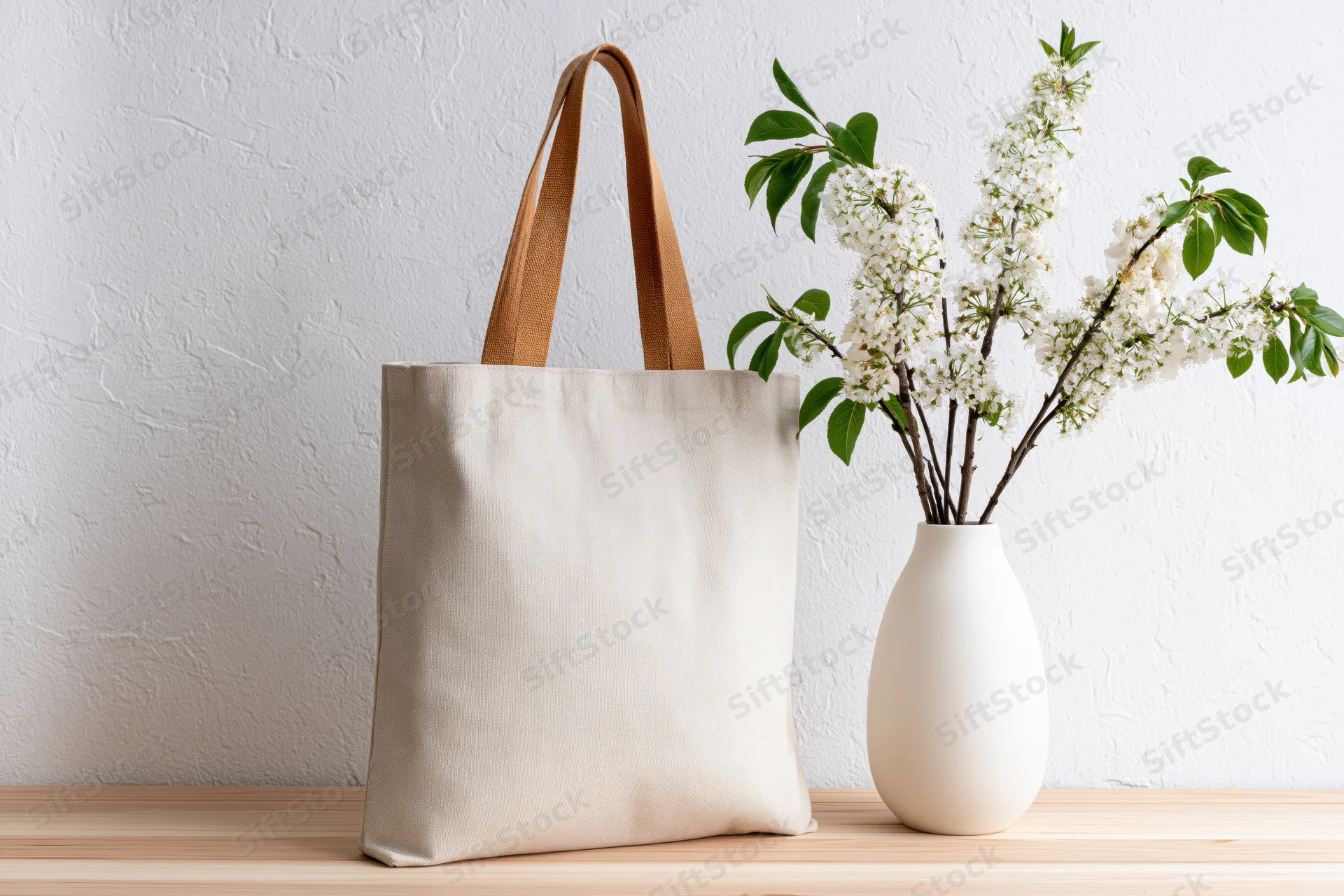 Blank natural canvas tote bag standing upright next to a white vase with blossoming branches on a wooden shelf
