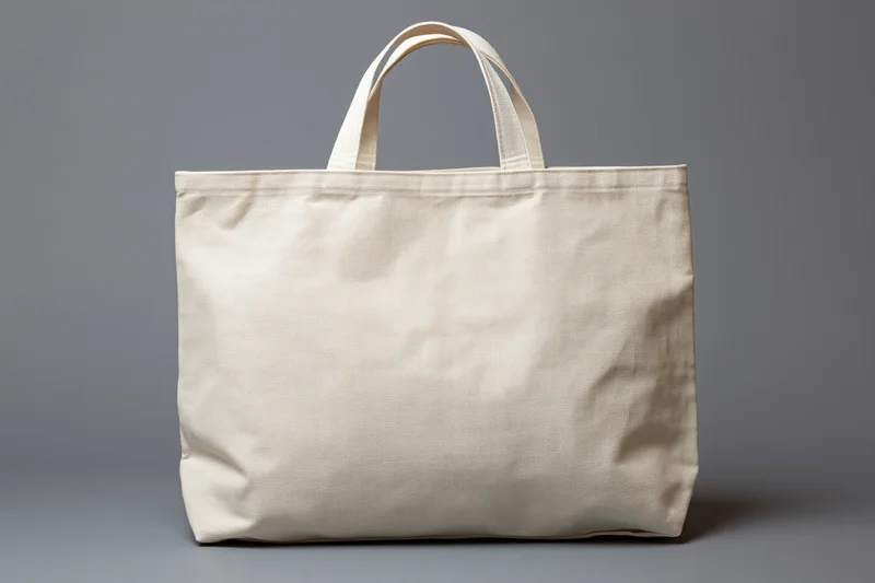Blank natural canvas tote bag with two handles standing upright on gray background