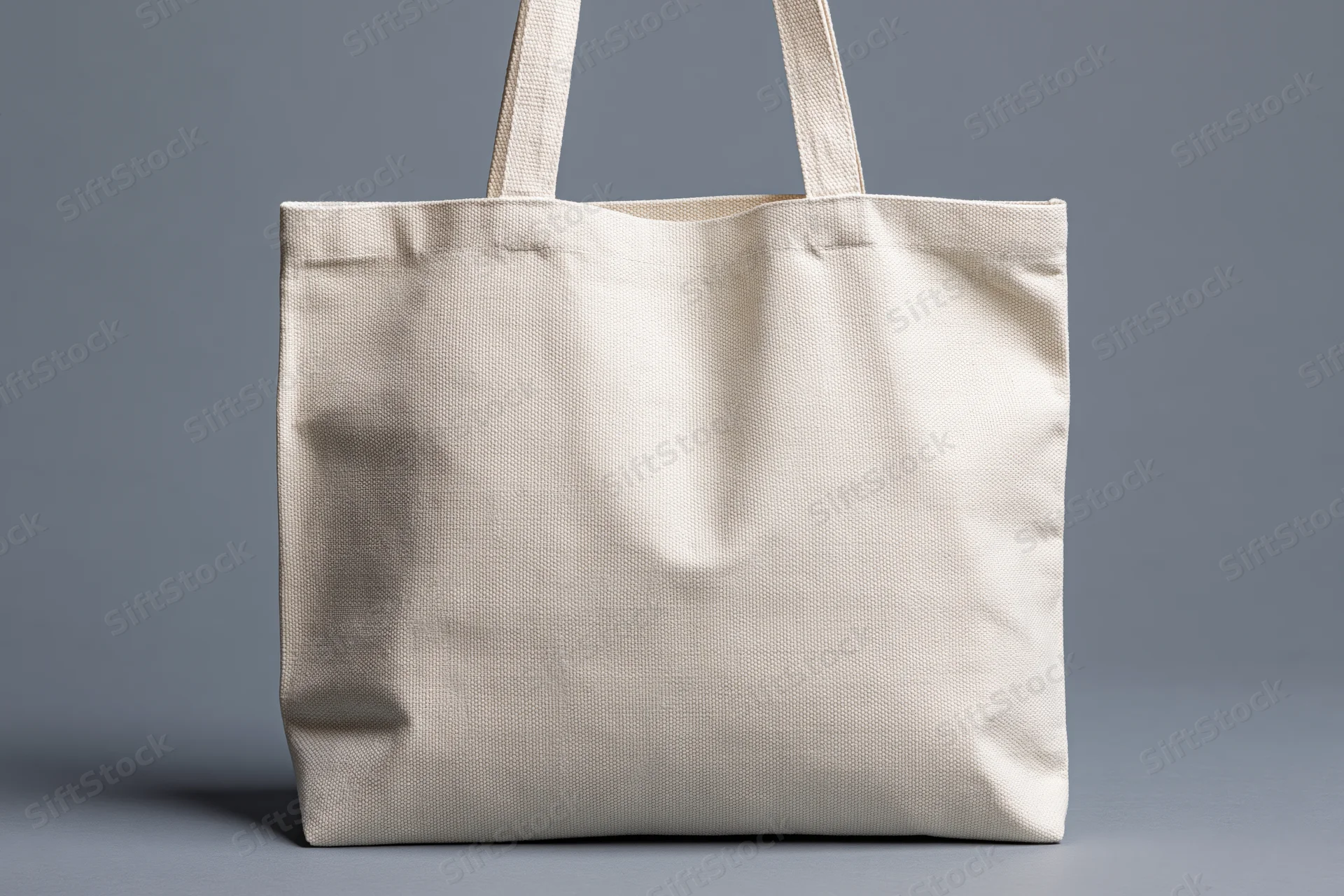 Blank natural canvas tote bag standing upright on a gray surface