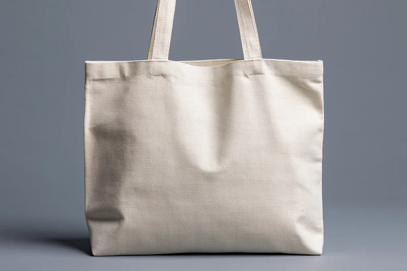 Blank natural canvas tote bag standing upright on a gray surface