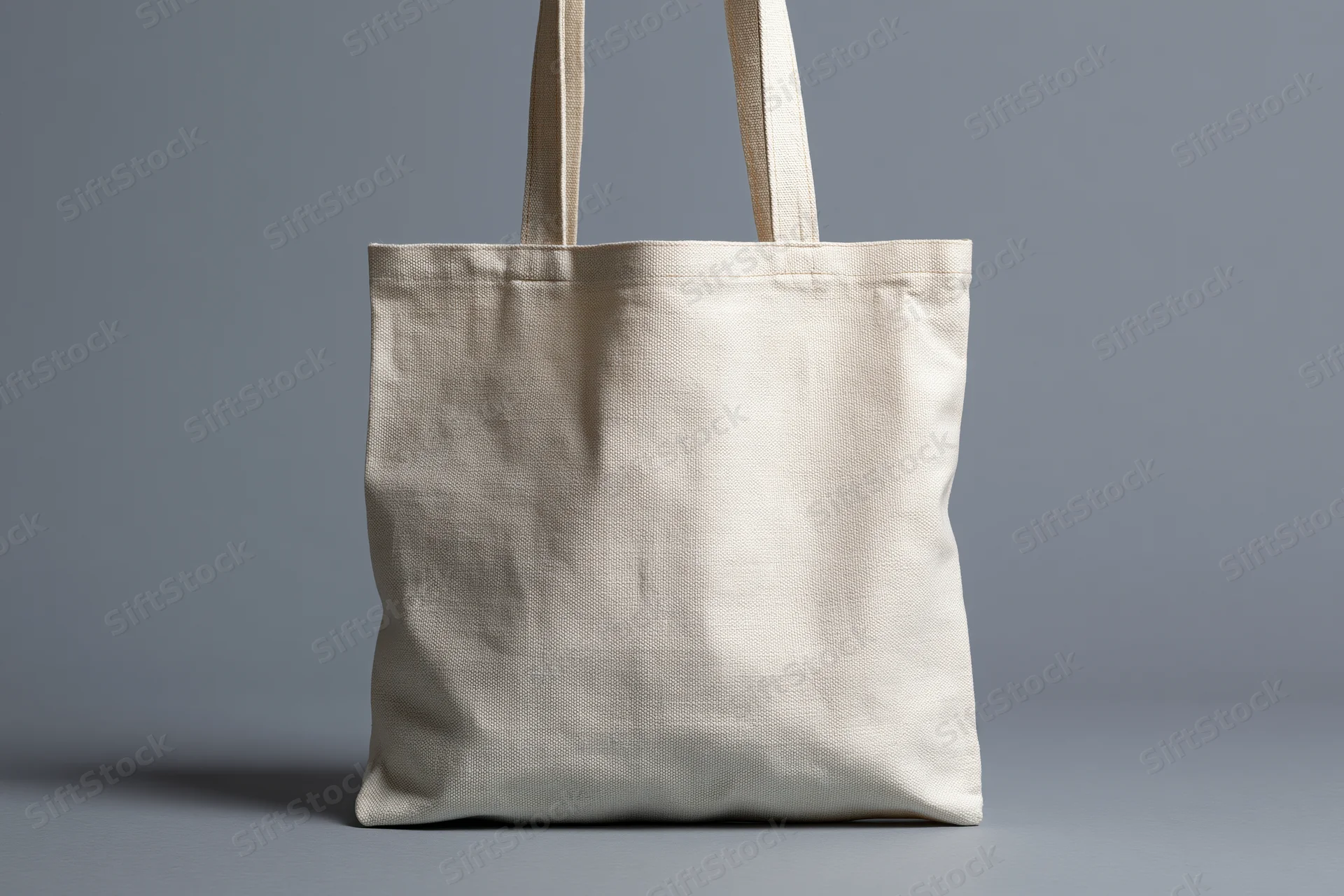 Blank natural canvas tote bag with two handles standing upright on gray surface