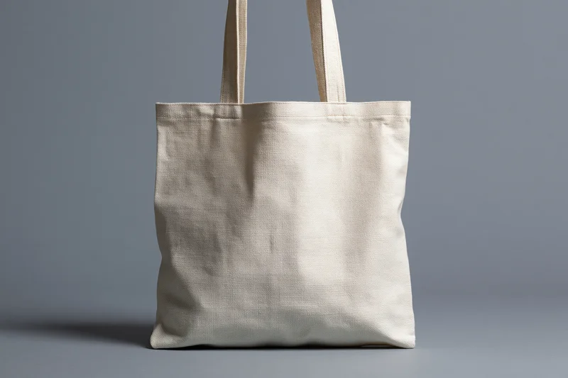 Blank natural canvas tote bag with two handles standing upright on gray surface