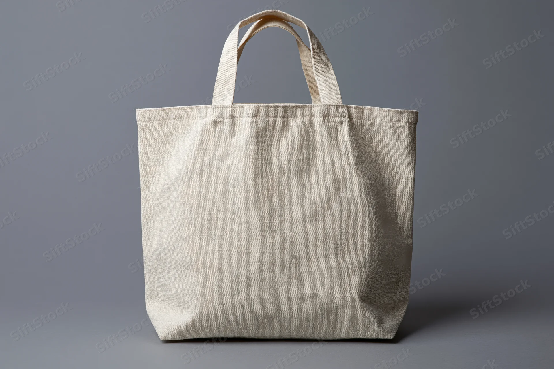 Blank natural canvas tote bag standing upright on gray surface