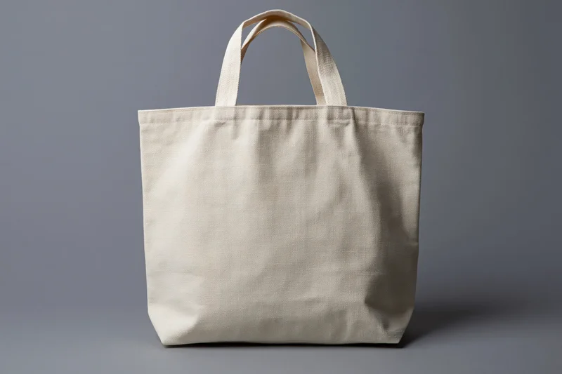 Blank natural canvas tote bag standing upright on gray surface