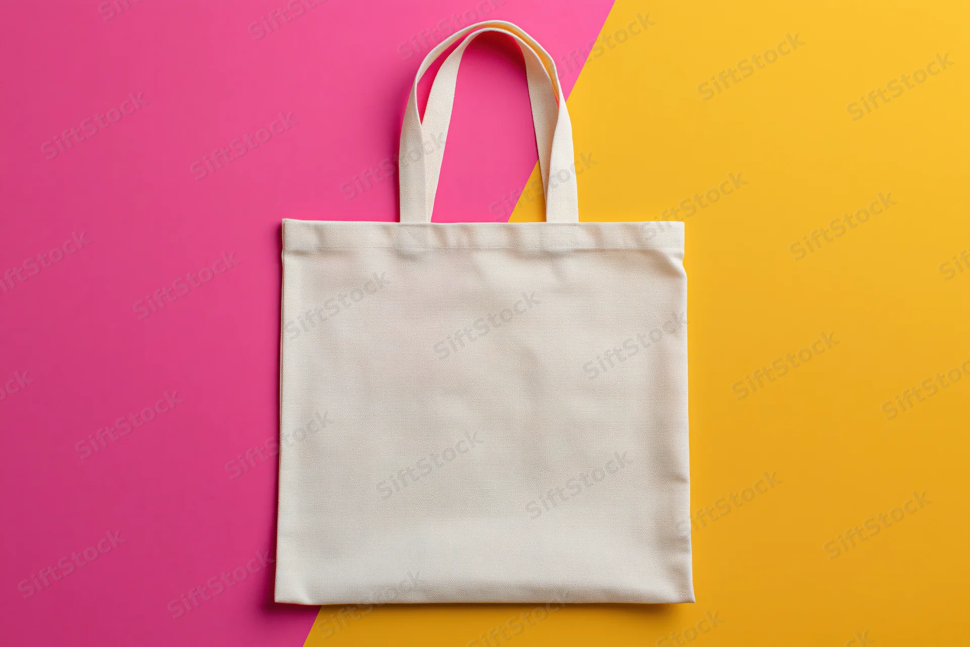 Blank natural canvas tote bag lying flat on pink and yellow background