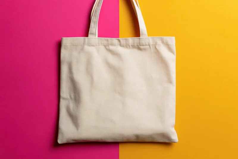 Blank natural canvas tote bag lying flat on a split pink and yellow background