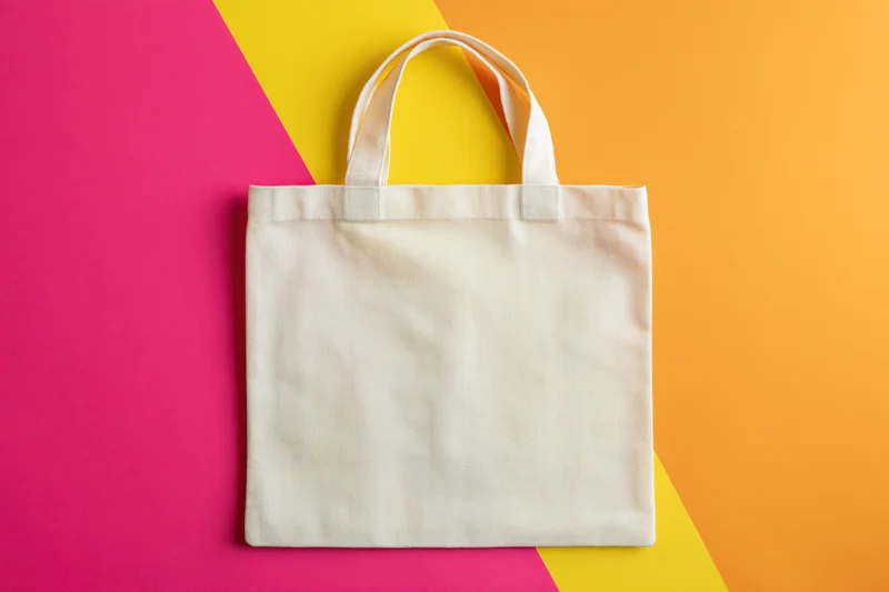 Blank natural canvas tote bag lying flat on a colorful geometric background