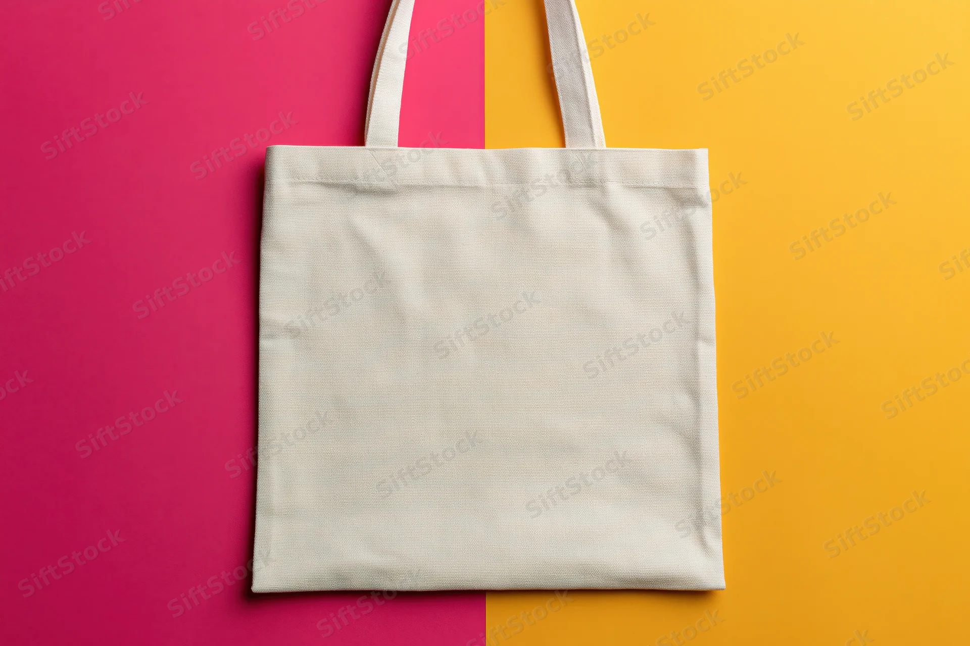 Blank natural canvas tote bag lying flat on a split pink and yellow background
