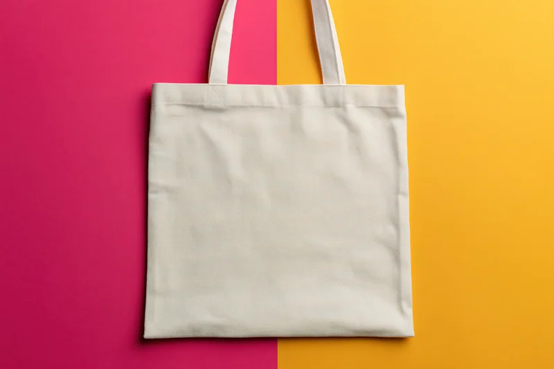 Blank natural canvas tote bag lying flat on a split pink and yellow background