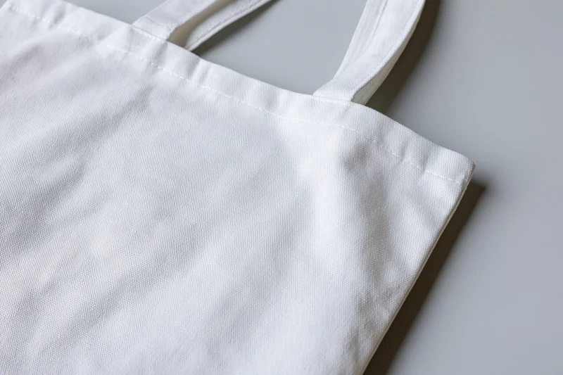 Blank white canvas tote bag lying flat on a gray surface with copyspace