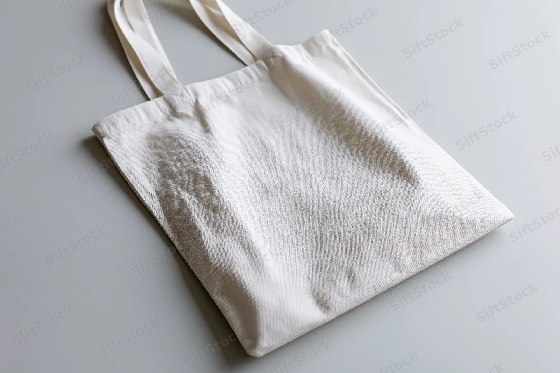 White canvas tote bag lying flat on a plain surface at a slight angle