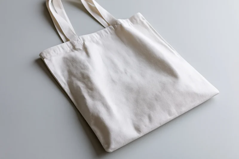White canvas tote bag lying flat on a plain surface at a slight angle