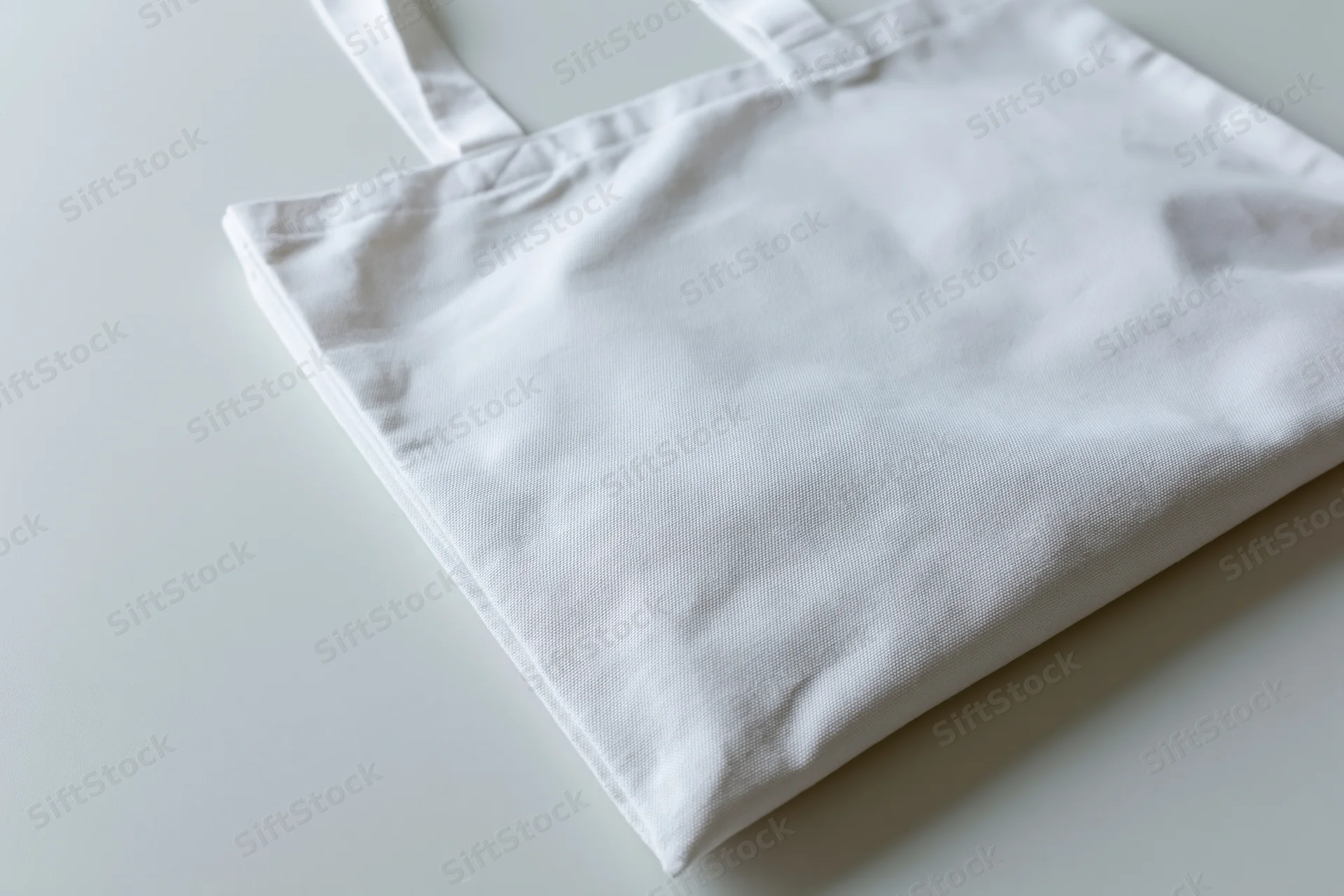 Blank white canvas tote bag lying flat at slight angle on white surface