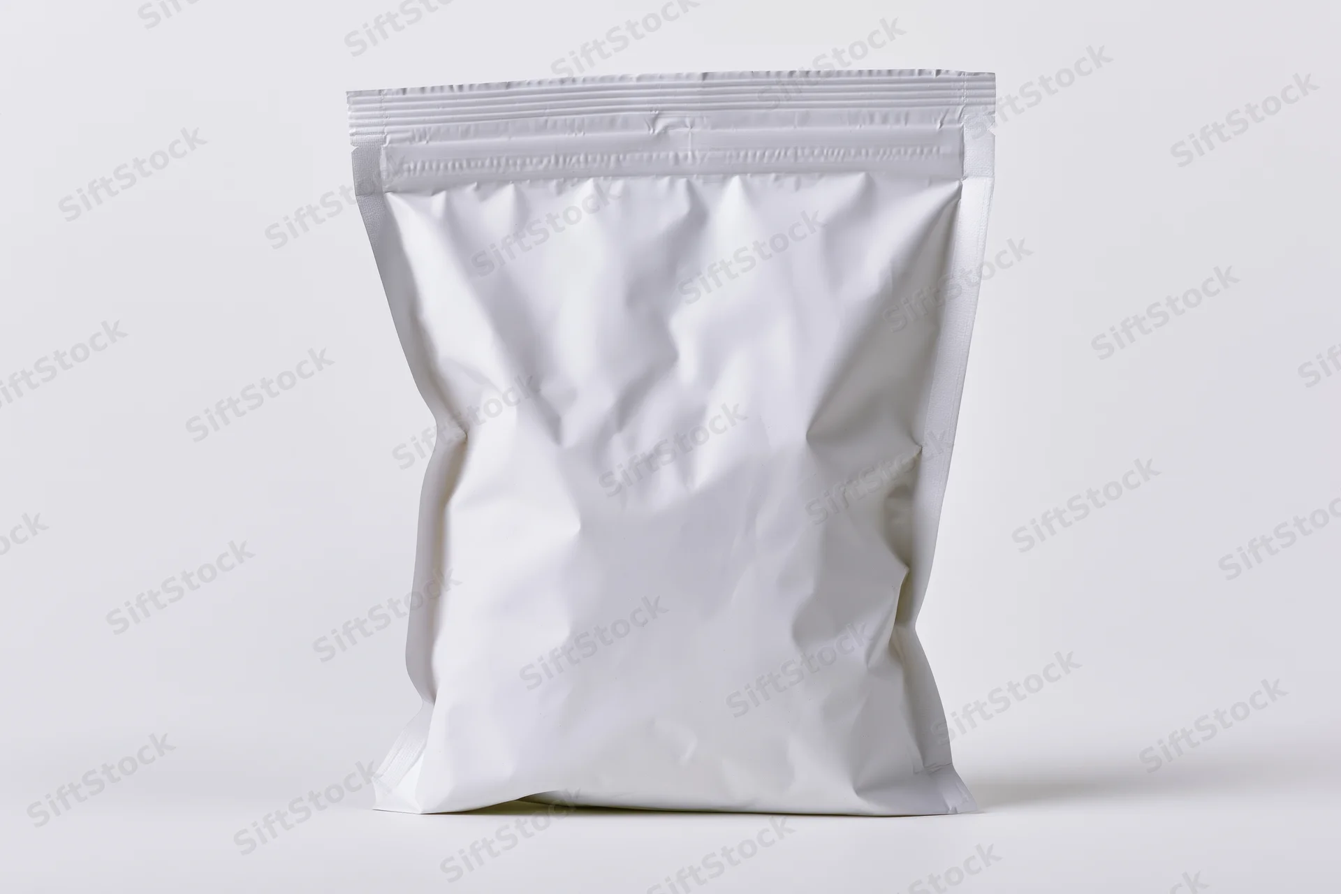 White foil snack pouch standing upright on plain background