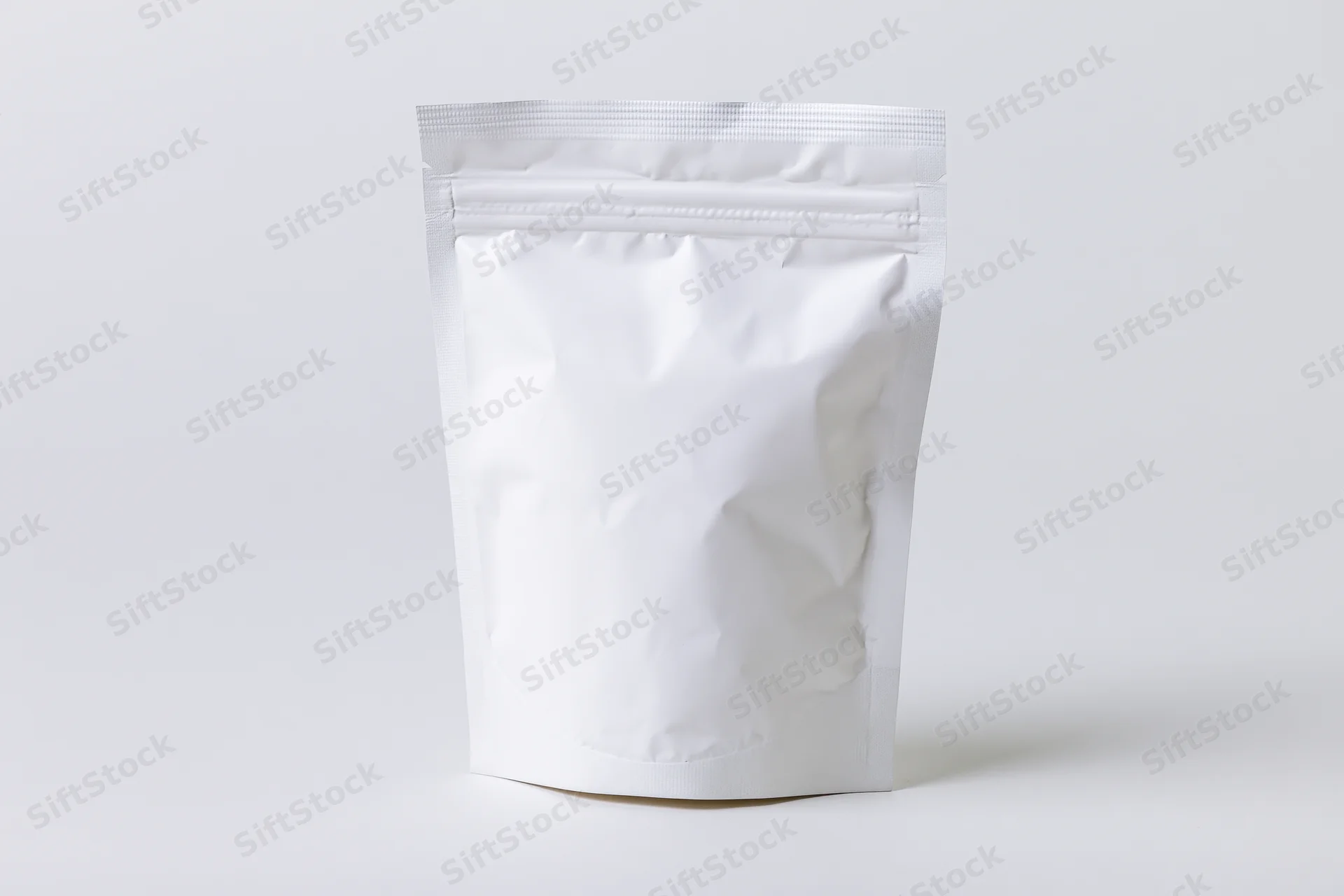 Blank white foil snack pouch standing upright front view on white background