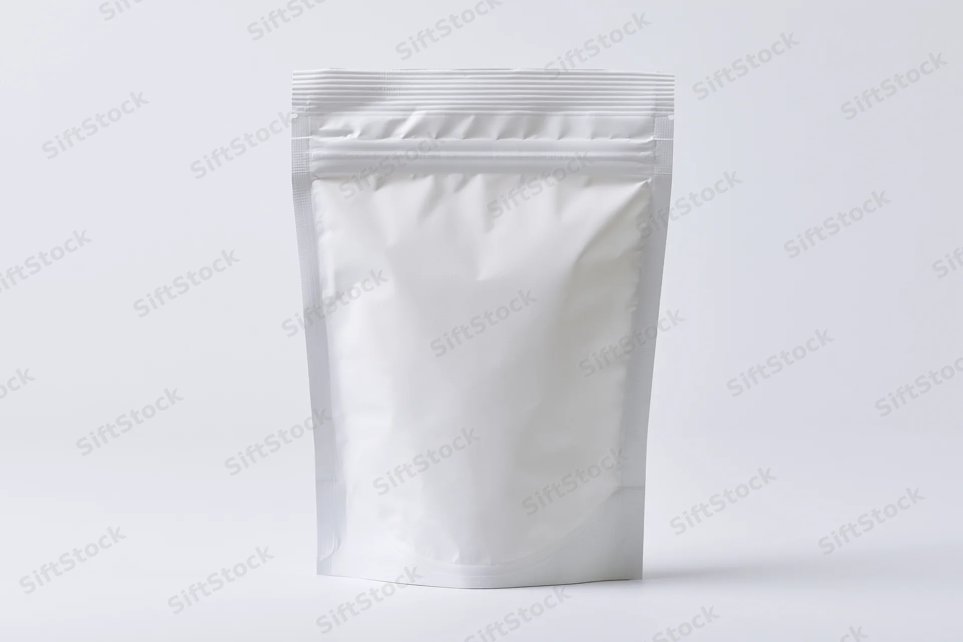 Blank white foil snack pouch standing upright front view isolated on white background