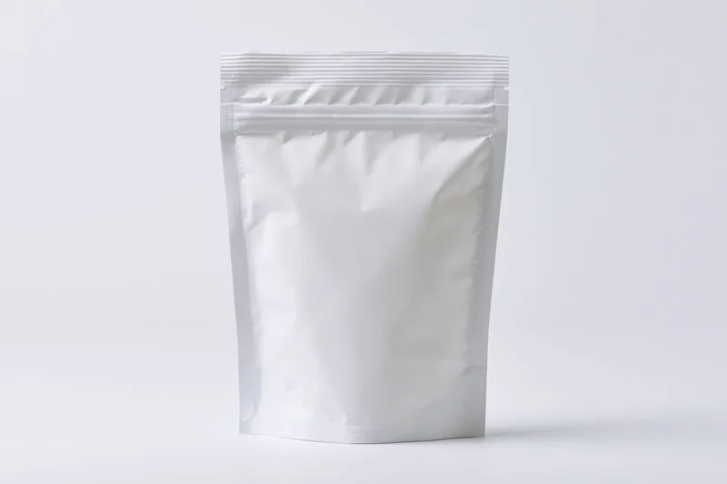 Blank white foil snack pouch standing upright front view isolated on white background