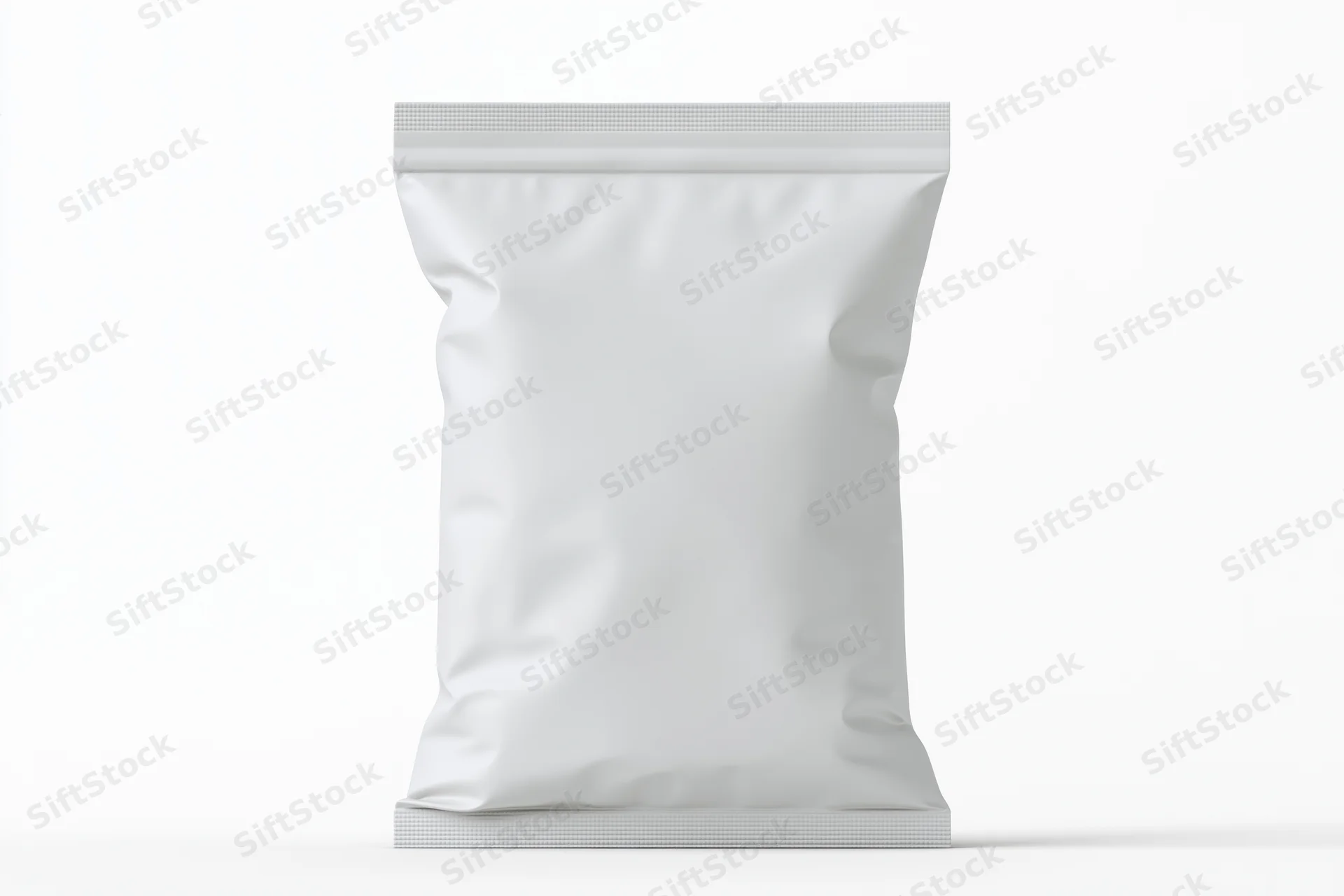 Blank white foil snack pouch standing upright front view isolated on white background