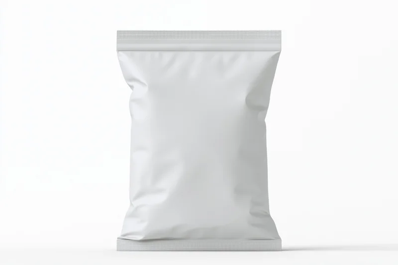 Blank white foil snack pouch standing upright front view isolated on white background