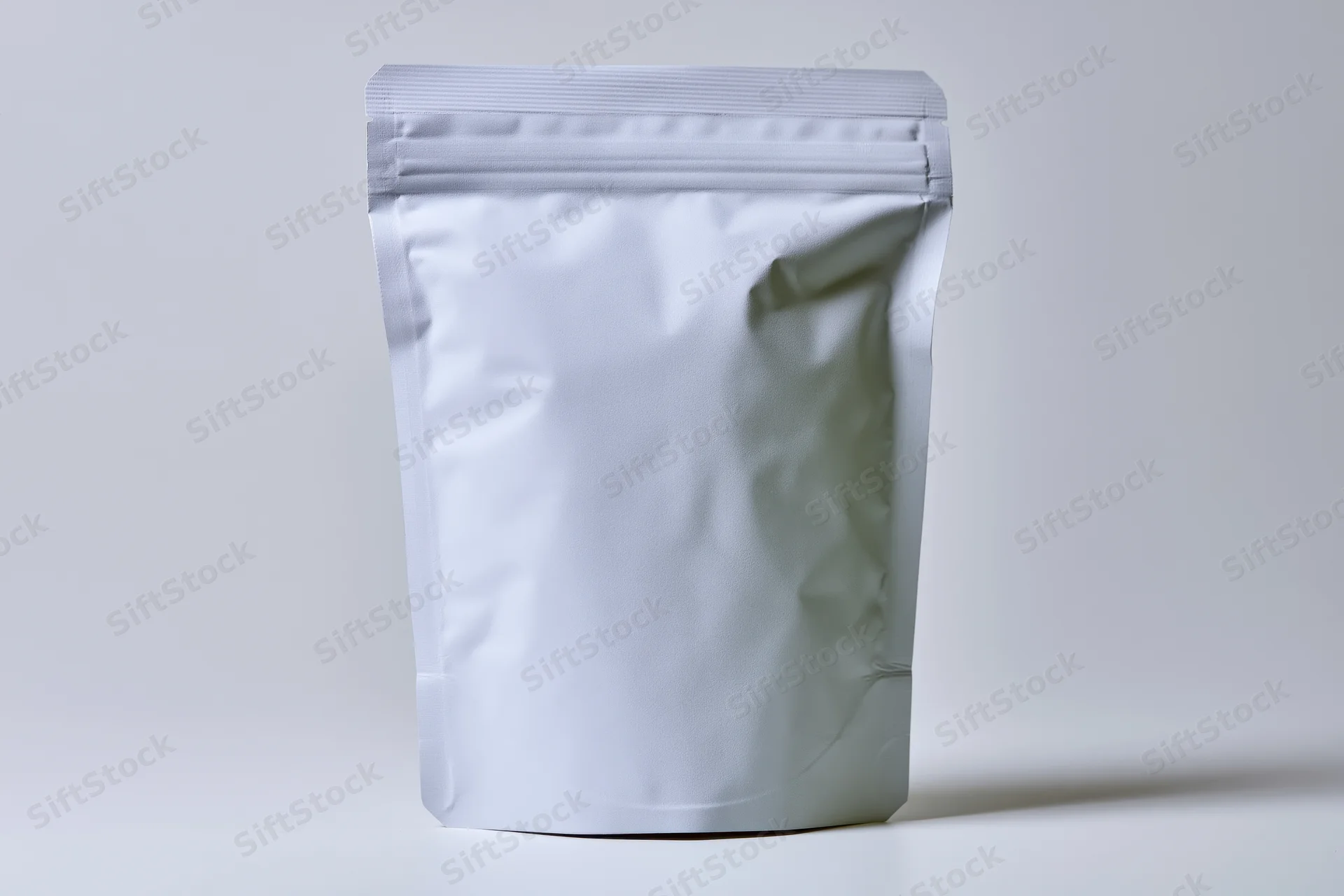 Blank white matte stand-up pouch with zipper seal upright on white surface