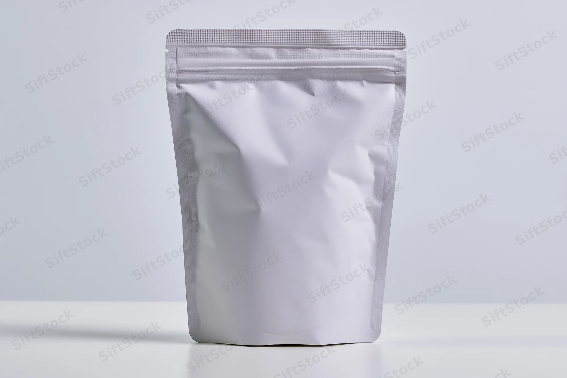 Blank white matte stand-up pouch with zipper seal upright on white surface