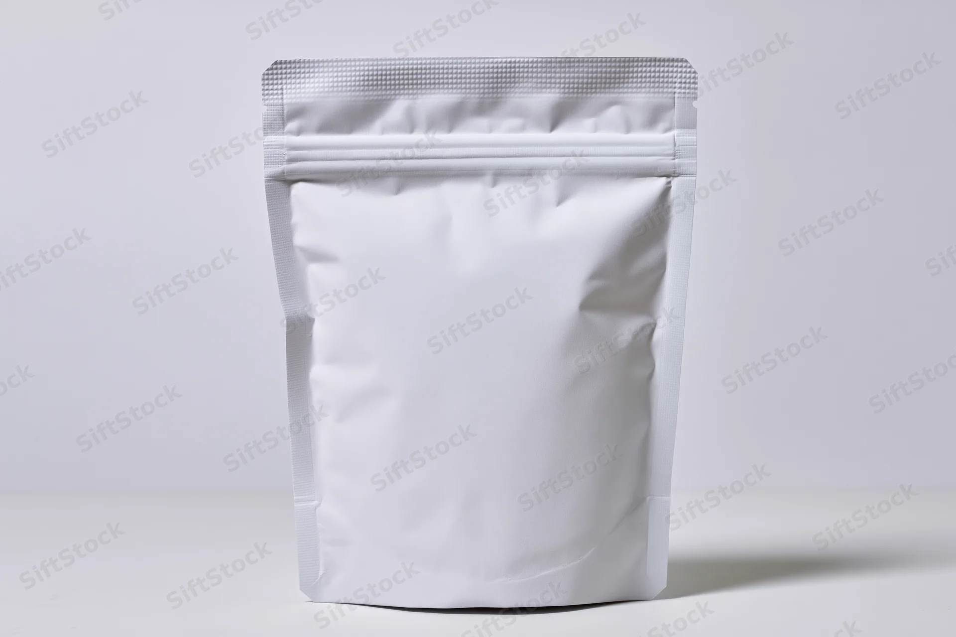 Blank white matte stand-up pouch with zipper seal upright on white surface