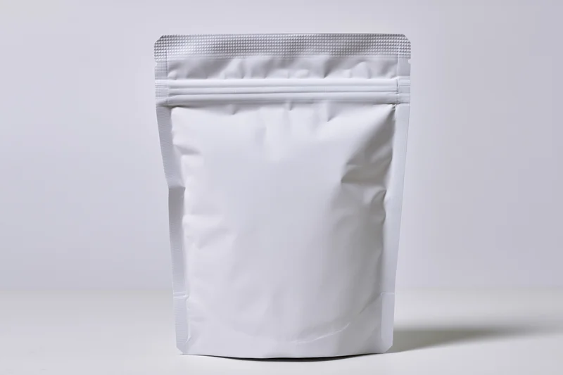 Blank white matte stand-up pouch with zipper seal upright on white surface