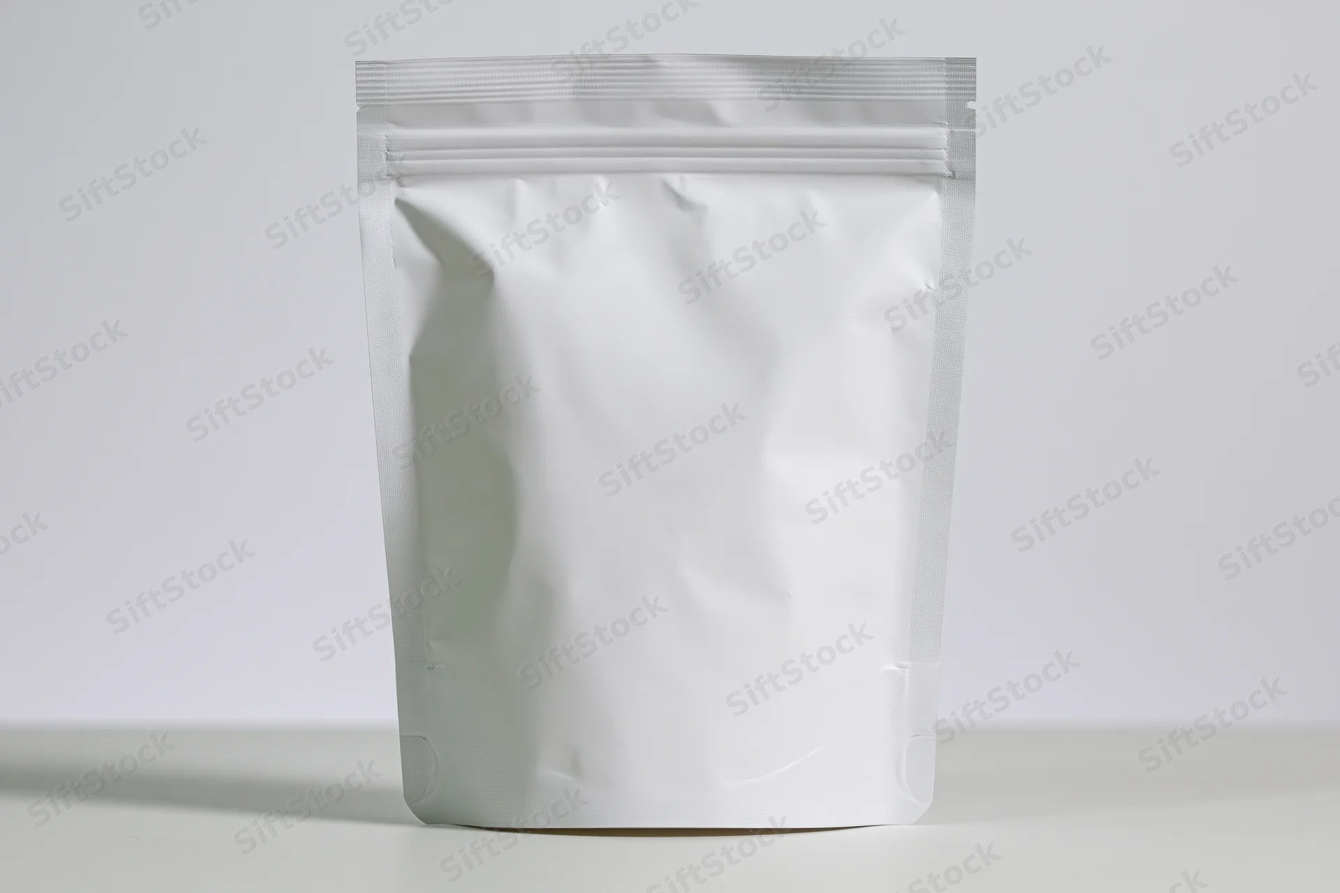White matte stand-up pouch with zipper seal standing upright on a plain surface
