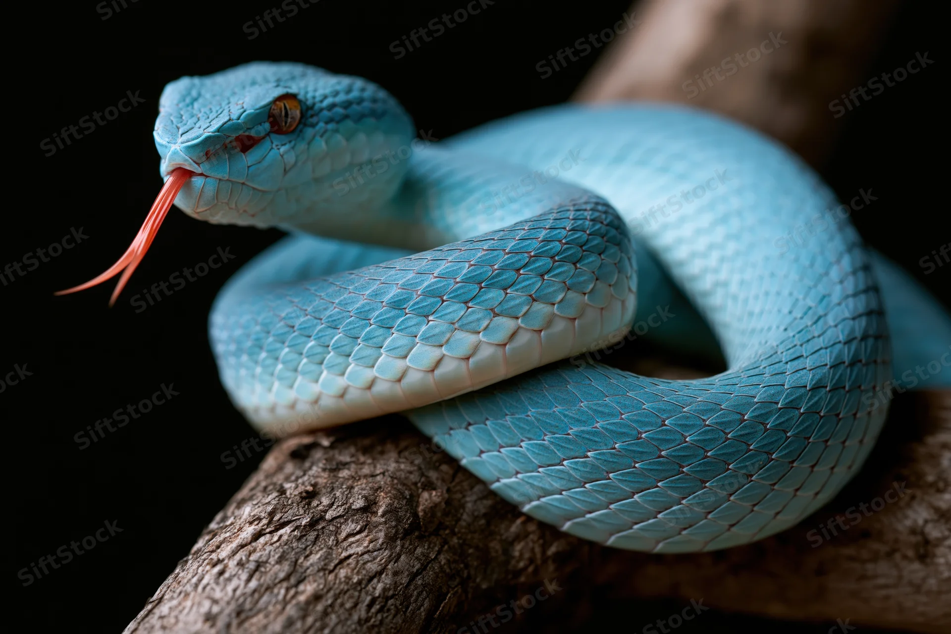 Blue viper coiled on rough tree branch with tongue extended