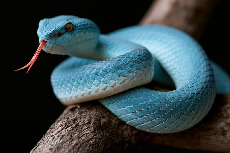 Blue viper coiled on rough tree branch with tongue extended
