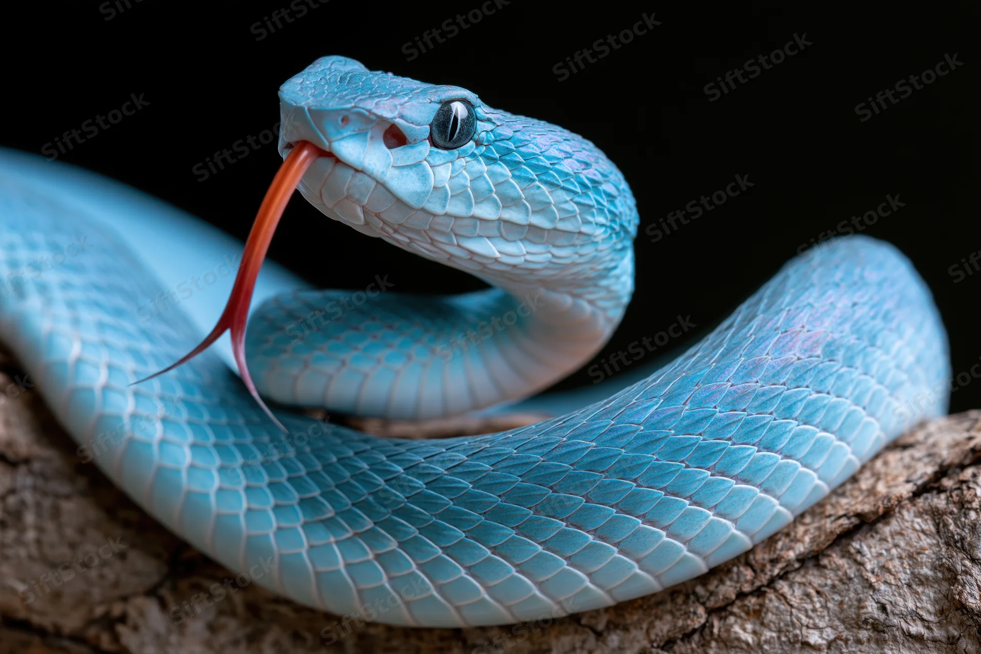 Blue viper coiled on rough tree branch with tongue extended