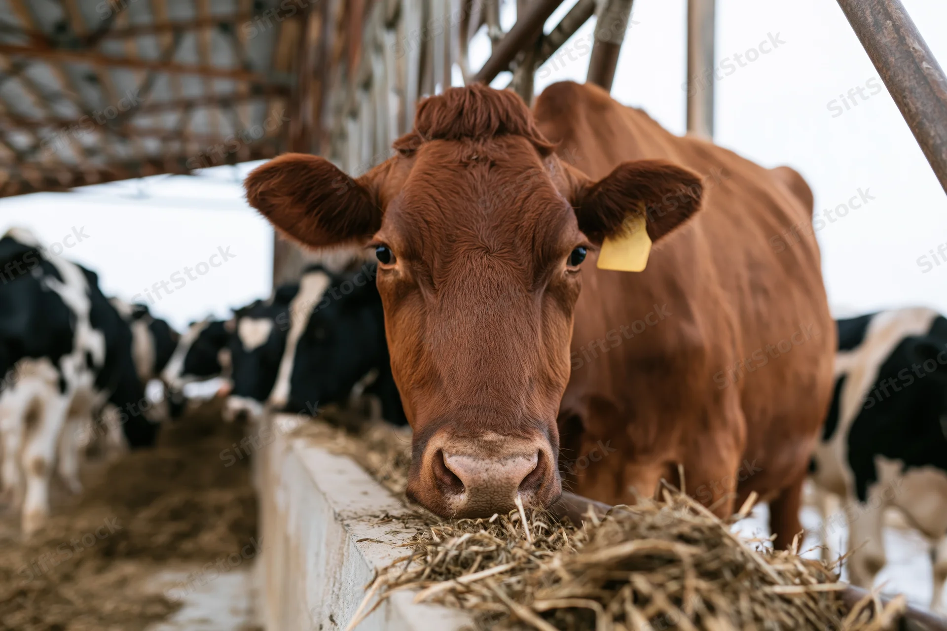 Brown dairy cow with yellow ear tag eating hay in barn with other cows in background