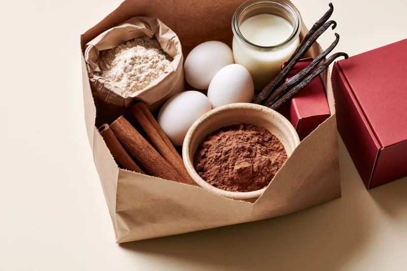Brown paper bag filled with baking ingredients including flour, eggs, milk, cocoa, vanilla beans and cinnamon sticks on a light surface