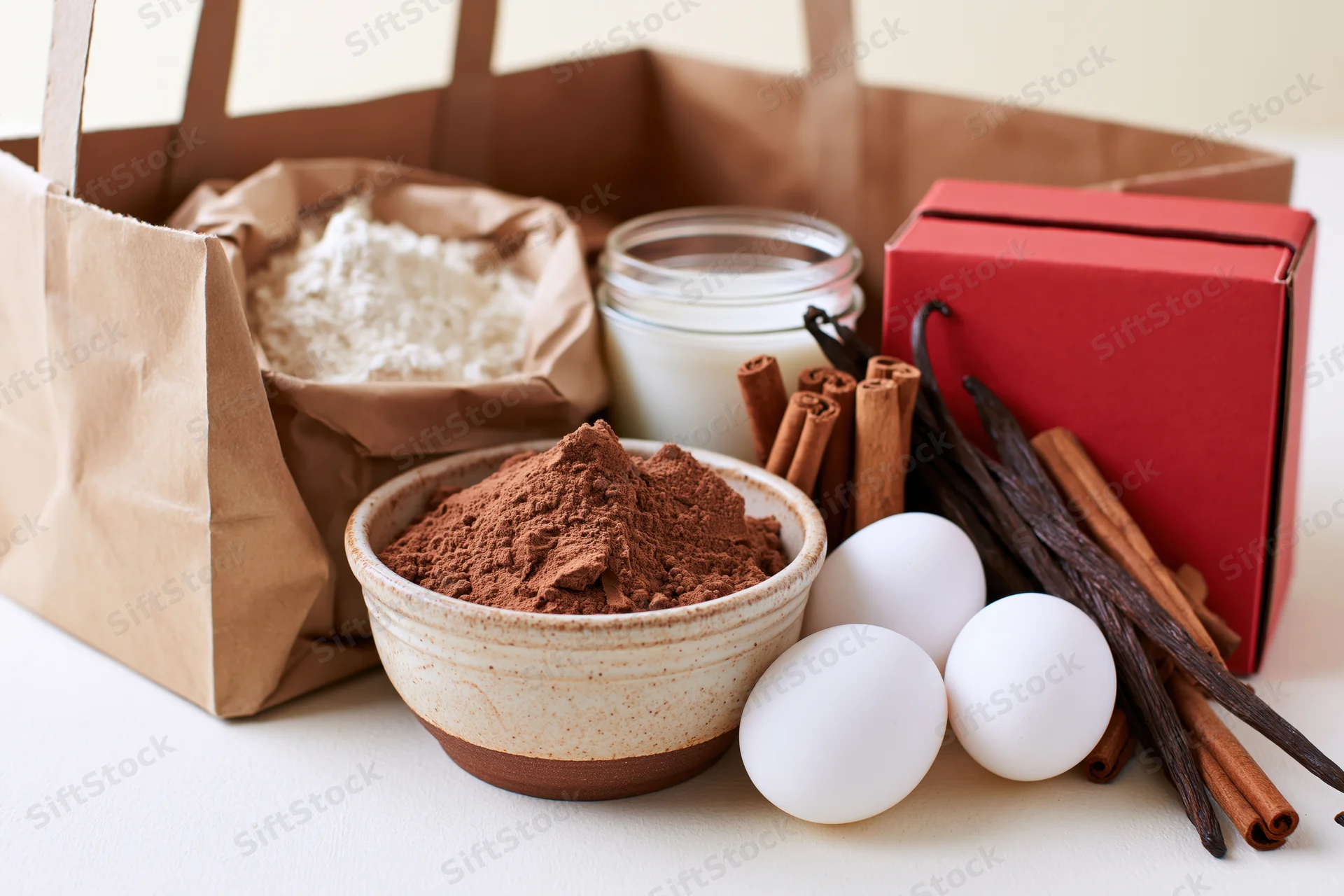 Baking ingredients including flour, cocoa, eggs, cinnamon, vanilla, and milk arranged beside a brown paper grocery bag on a white surface