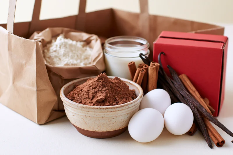 Baking ingredients including flour, cocoa, eggs, cinnamon, vanilla, and milk arranged beside a brown paper grocery bag on a white surface
