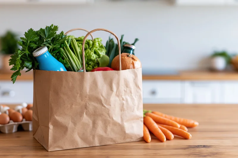 Brown paper grocery bag filled with fresh vegetables on wooden kitchen countertop