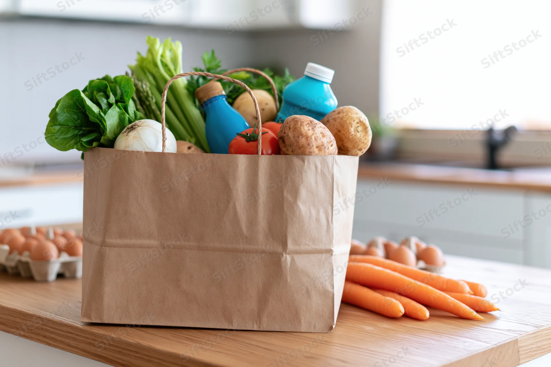Brown paper grocery bag filled with fresh vegetables and eggs on wooden kitchen countertop