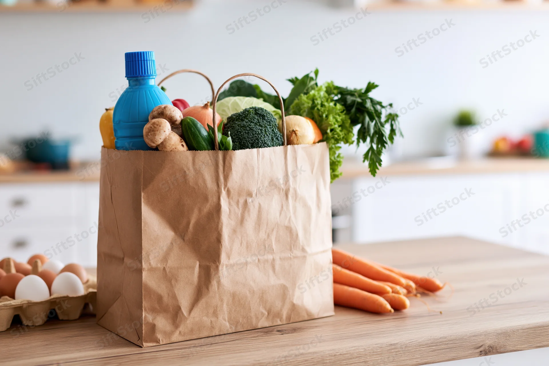Brown paper grocery bag filled with fresh vegetables and a blue bottle on a wooden kitchen countertop