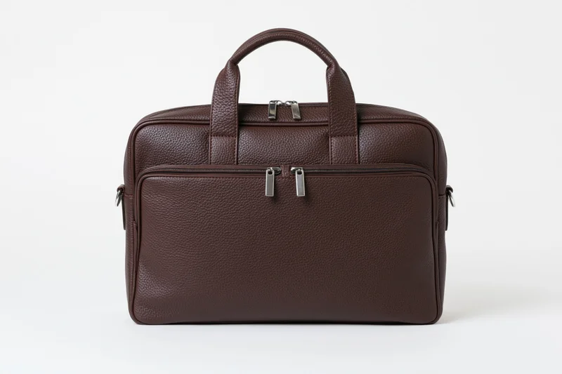 Brown pebbled leather briefcase standing upright on white background