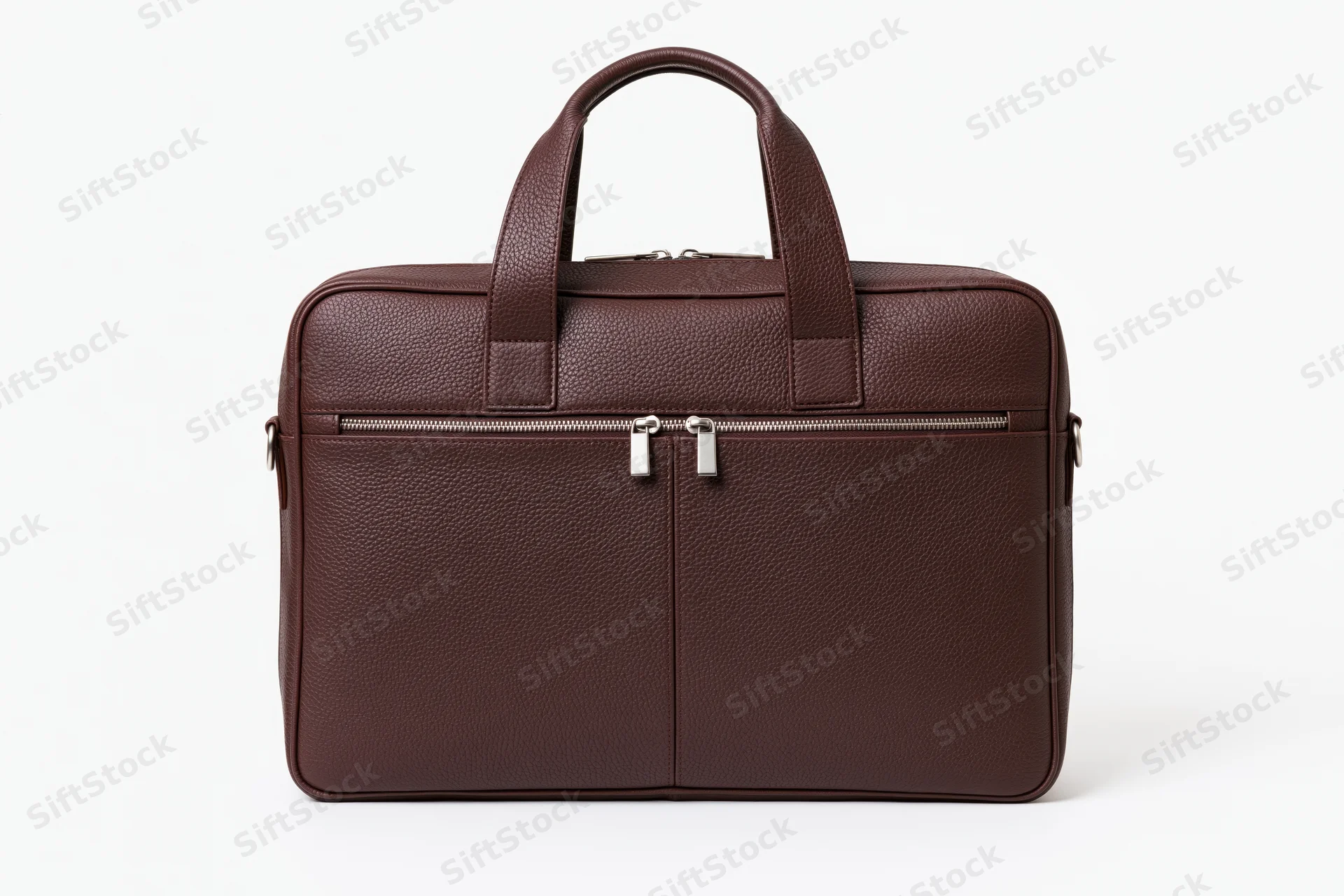 Brown pebbled leather briefcase standing upright with silver zippers and handles on white background