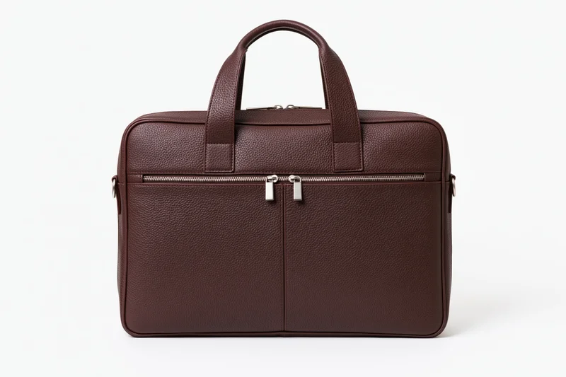 Brown pebbled leather briefcase standing upright with silver zippers and handles on white background